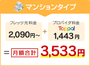 マンションタイプ フレッツ光料金2,090円～＋プロバイダ料金 Toppa! 1,443円＝月額合計3,533円