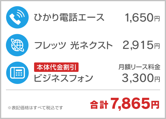 ひかり電話エース（1,650円）＋フレッツ 光ネクスト（2,915円）＋ビジネスフォン月額リース料金（3,300円）＝合計7,865円～